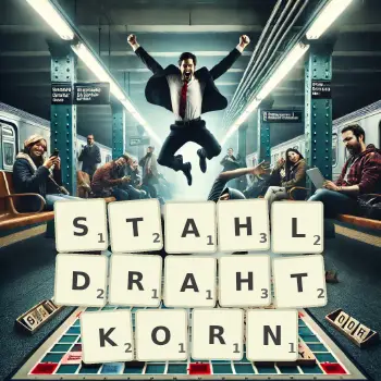 Kreative Illustration für ein Scrabble-Spiel, bei dem das Wort STAHLDRAHTKORN mit Steinen auf dem Brett gelegt wurde.