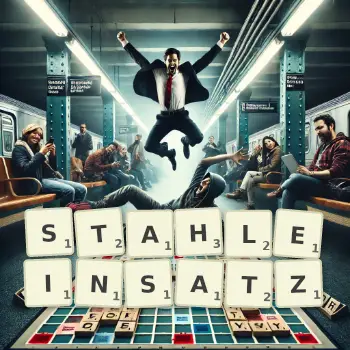 Kreative Illustration für ein Scrabble-Spiel, bei dem das Wort STAHLEINSATZ mit Steinen auf dem Brett gelegt wurde.