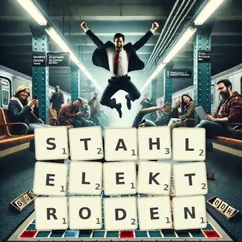 Kreative Illustration für ein Scrabble-Spiel, bei dem das Wort STAHLELEKTRODEN mit Steinen auf dem Brett gelegt wurde.