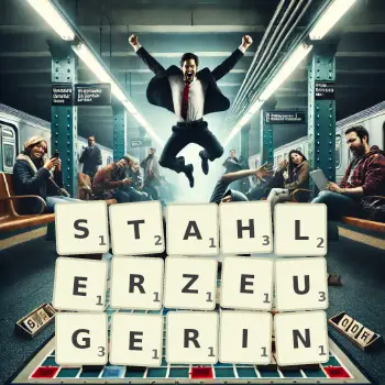 Kreative Illustration für ein Scrabble-Spiel, bei dem das Wort STAHLERZEUGERIN mit Steinen auf dem Brett gelegt wurde.