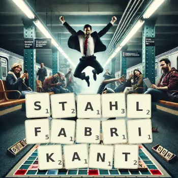 Kreative Illustration für ein Scrabble-Spiel, bei dem das Wort STAHLFABRIKANT mit Steinen auf dem Brett gelegt wurde.