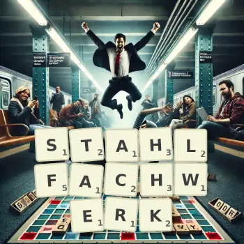 Kreative Illustration für ein Scrabble-Spiel, bei dem das Wort STAHLFACHWERK mit Steinen auf dem Brett gelegt wurde.