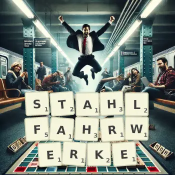 Kreative Illustration für ein Scrabble-Spiel, bei dem das Wort STAHLFAHRWERKE mit Steinen auf dem Brett gelegt wurde.