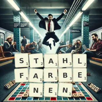Kreative Illustration für ein Scrabble-Spiel, bei dem das Wort STAHLFARBENEN mit Steinen auf dem Brett gelegt wurde.