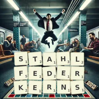 Kreative Illustration für ein Scrabble-Spiel, bei dem das Wort STAHLFEDERKERNS mit Steinen auf dem Brett gelegt wurde.
