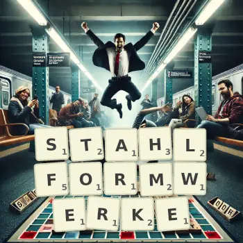 Kreative Illustration für ein Scrabble-Spiel, bei dem das Wort STAHLFORMWERKE mit Steinen auf dem Brett gelegt wurde.