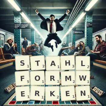 Kreative Illustration für ein Scrabble-Spiel, bei dem das Wort STAHLFORMWERKEN mit Steinen auf dem Brett gelegt wurde.