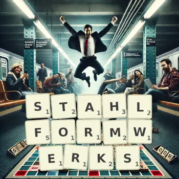 Kreative Illustration für ein Scrabble-Spiel, bei dem das Wort STAHLFORMWERKS mit Steinen auf dem Brett gelegt wurde.
