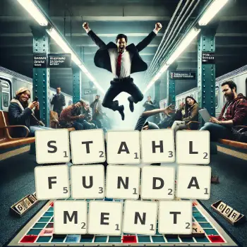 Kreative Illustration für ein Scrabble-Spiel, bei dem das Wort STAHLFUNDAMENT mit Steinen auf dem Brett gelegt wurde.