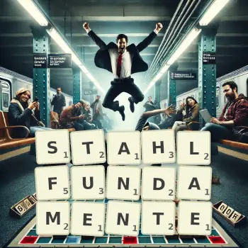 Kreative Illustration für ein Scrabble-Spiel, bei dem das Wort STAHLFUNDAMENTE mit Steinen auf dem Brett gelegt wurde.