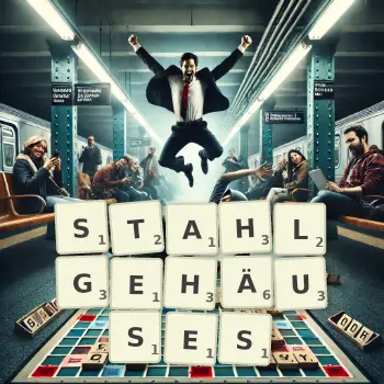 Kreative Illustration für ein Scrabble-Spiel, bei dem das Wort STAHLGEHÄUSES mit Steinen auf dem Brett gelegt wurde.