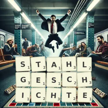Kreative Illustration für ein Scrabble-Spiel, bei dem das Wort STAHLGESCHICHTE mit Steinen auf dem Brett gelegt wurde.