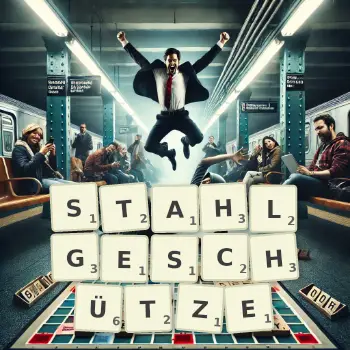 Kreative Illustration für ein Scrabble-Spiel, bei dem das Wort STAHLGESCHÜTZE mit Steinen auf dem Brett gelegt wurde.