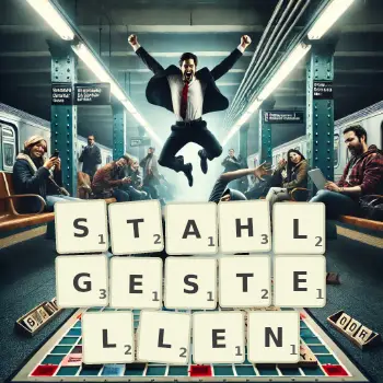 Kreative Illustration für ein Scrabble-Spiel, bei dem das Wort STAHLGESTELLEN mit Steinen auf dem Brett gelegt wurde.