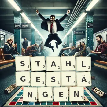 Kreative Illustration für ein Scrabble-Spiel, bei dem das Wort STAHLGESTÄNGEN mit Steinen auf dem Brett gelegt wurde.