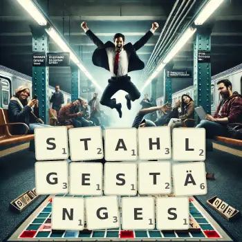 Kreative Illustration für ein Scrabble-Spiel, bei dem das Wort STAHLGESTÄNGES mit Steinen auf dem Brett gelegt wurde.