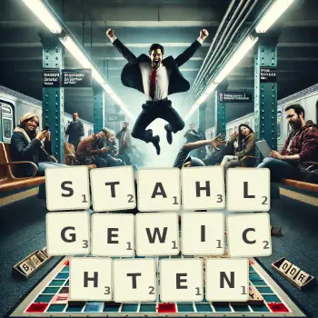 Kreative Illustration für ein Scrabble-Spiel, bei dem das Wort STAHLGEWICHTEN mit Steinen auf dem Brett gelegt wurde.
