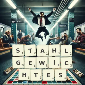 Kreative Illustration für ein Scrabble-Spiel, bei dem das Wort STAHLGEWICHTES mit Steinen auf dem Brett gelegt wurde.