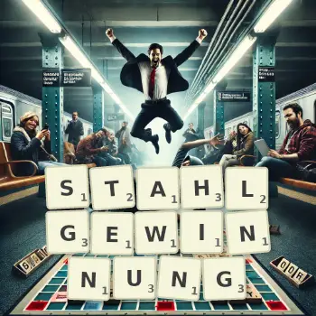 Kreative Illustration für ein Scrabble-Spiel, bei dem das Wort STAHLGEWINNUNG mit Steinen auf dem Brett gelegt wurde.