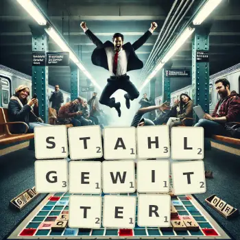 Kreative Illustration für ein Scrabble-Spiel, bei dem das Wort STAHLGEWITTER mit Steinen auf dem Brett gelegt wurde.