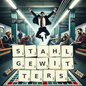 Kreative Illustration für ein Scrabble-Spiel, bei dem das Wort STAHLGEWITTERS mit Steinen auf dem Brett gelegt wurde.