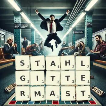 Kreative Illustration für ein Scrabble-Spiel, bei dem das Wort STAHLGITTERMAST mit Steinen auf dem Brett gelegt wurde.