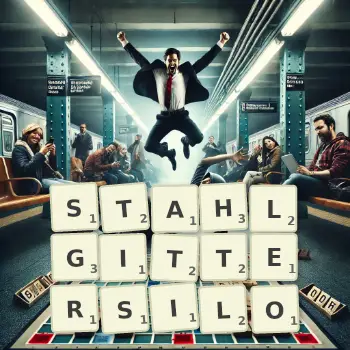 Kreative Illustration für ein Scrabble-Spiel, bei dem das Wort STAHLGITTERSILO mit Steinen auf dem Brett gelegt wurde.