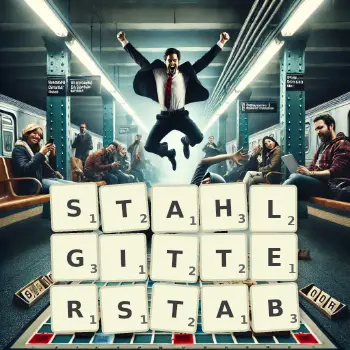 Kreative Illustration für ein Scrabble-Spiel, bei dem das Wort STAHLGITTERSTAB mit Steinen auf dem Brett gelegt wurde.