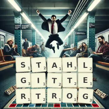 Kreative Illustration für ein Scrabble-Spiel, bei dem das Wort STAHLGITTERTROG mit Steinen auf dem Brett gelegt wurde.