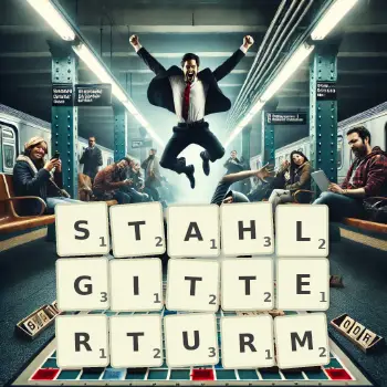 Kreative Illustration für ein Scrabble-Spiel, bei dem das Wort STAHLGITTERTURM mit Steinen auf dem Brett gelegt wurde.