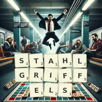 Kreative Illustration für ein Scrabble-Spiel, bei dem das Wort STAHLGRIFFELS mit Steinen auf dem Brett gelegt wurde.
