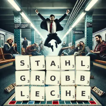 Kreative Illustration für ein Scrabble-Spiel, bei dem das Wort STAHLGROBBLECHE mit Steinen auf dem Brett gelegt wurde.