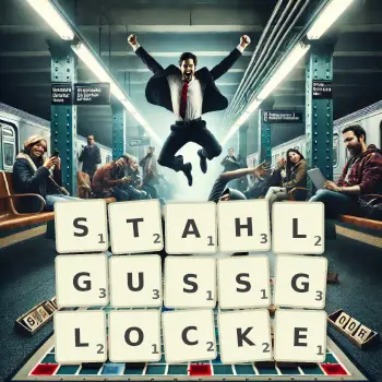 Kreative Illustration für ein Scrabble-Spiel, bei dem das Wort STAHLGUSSGLOCKE mit Steinen auf dem Brett gelegt wurde.