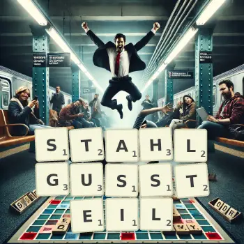 Kreative Illustration für ein Scrabble-Spiel, bei dem das Wort STAHLGUSSTEIL mit Steinen auf dem Brett gelegt wurde.