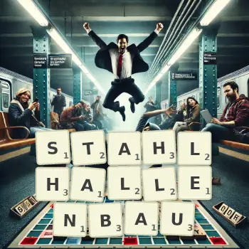 Kreative Illustration für ein Scrabble-Spiel, bei dem das Wort STAHLHALLENBAU mit Steinen auf dem Brett gelegt wurde.