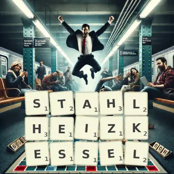 Kreative Illustration für ein Scrabble-Spiel, bei dem das Wort STAHLHEIZKESSEL mit Steinen auf dem Brett gelegt wurde.