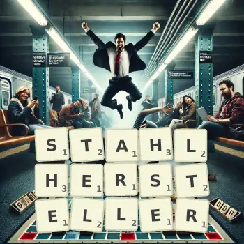 Kreative Illustration für ein Scrabble-Spiel, bei dem das Wort STAHLHERSTELLER mit Steinen auf dem Brett gelegt wurde.