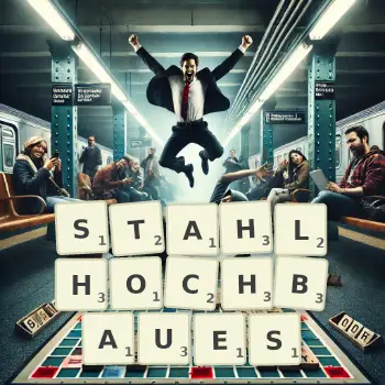 Kreative Illustration für ein Scrabble-Spiel, bei dem das Wort STAHLHOCHBAUES mit Steinen auf dem Brett gelegt wurde.