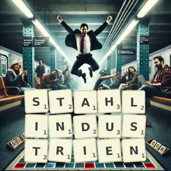 Kreative Illustration für ein Scrabble-Spiel, bei dem das Wort STAHLINDUSTRIEN mit Steinen auf dem Brett gelegt wurde.