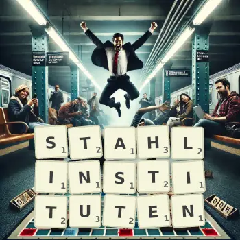 Kreative Illustration für ein Scrabble-Spiel, bei dem das Wort STAHLINSTITUTEN mit Steinen auf dem Brett gelegt wurde.