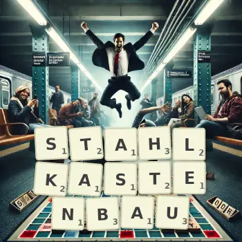Kreative Illustration für ein Scrabble-Spiel, bei dem das Wort STAHLKASTENBAU mit Steinen auf dem Brett gelegt wurde.