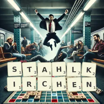 Kreative Illustration für ein Scrabble-Spiel, bei dem das Wort STAHLKIRCHEN mit Steinen auf dem Brett gelegt wurde.
