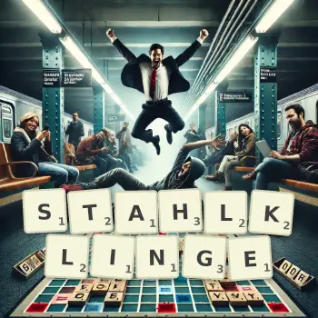 Kreative Illustration für ein Scrabble-Spiel, bei dem das Wort STAHLKLINGE mit Steinen auf dem Brett gelegt wurde.