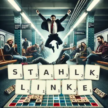 Kreative Illustration für ein Scrabble-Spiel, bei dem das Wort STAHLKLINKE mit Steinen auf dem Brett gelegt wurde.