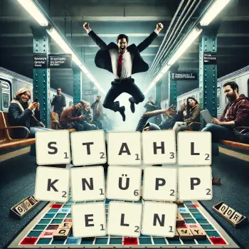 Kreative Illustration für ein Scrabble-Spiel, bei dem das Wort STAHLKNÜPPELN mit Steinen auf dem Brett gelegt wurde.