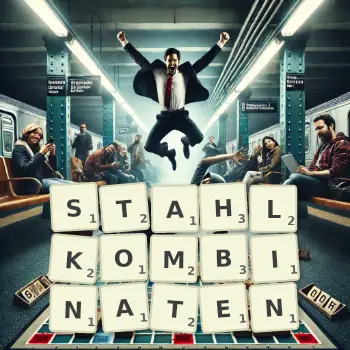 Kreative Illustration für ein Scrabble-Spiel, bei dem das Wort STAHLKOMBINATEN mit Steinen auf dem Brett gelegt wurde.
