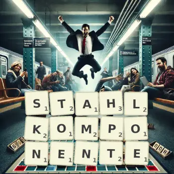 Kreative Illustration für ein Scrabble-Spiel, bei dem das Wort STAHLKOMPONENTE mit Steinen auf dem Brett gelegt wurde.