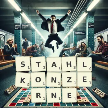 Kreative Illustration für ein Scrabble-Spiel, bei dem das Wort STAHLKONZERNE mit Steinen auf dem Brett gelegt wurde.