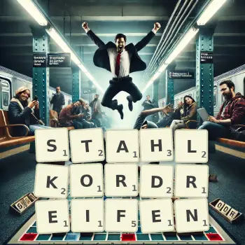 Kreative Illustration für ein Scrabble-Spiel, bei dem das Wort STAHLKORDREIFEN mit Steinen auf dem Brett gelegt wurde.