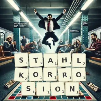 Kreative Illustration für ein Scrabble-Spiel, bei dem das Wort STAHLKORROSION mit Steinen auf dem Brett gelegt wurde.